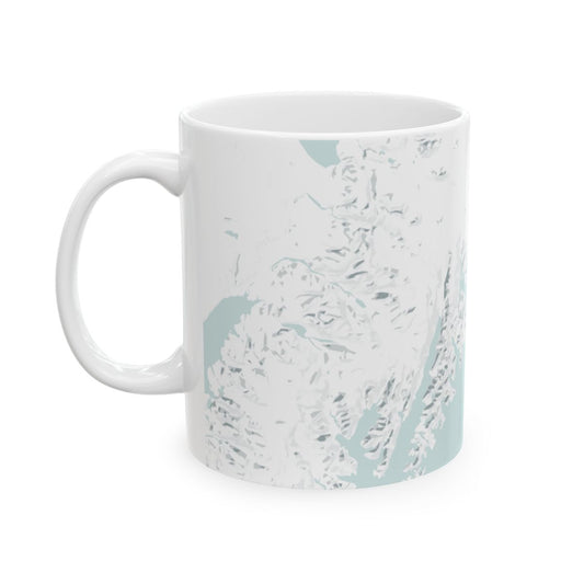 Atlas & Ink mug with light blue custom map design on a white background