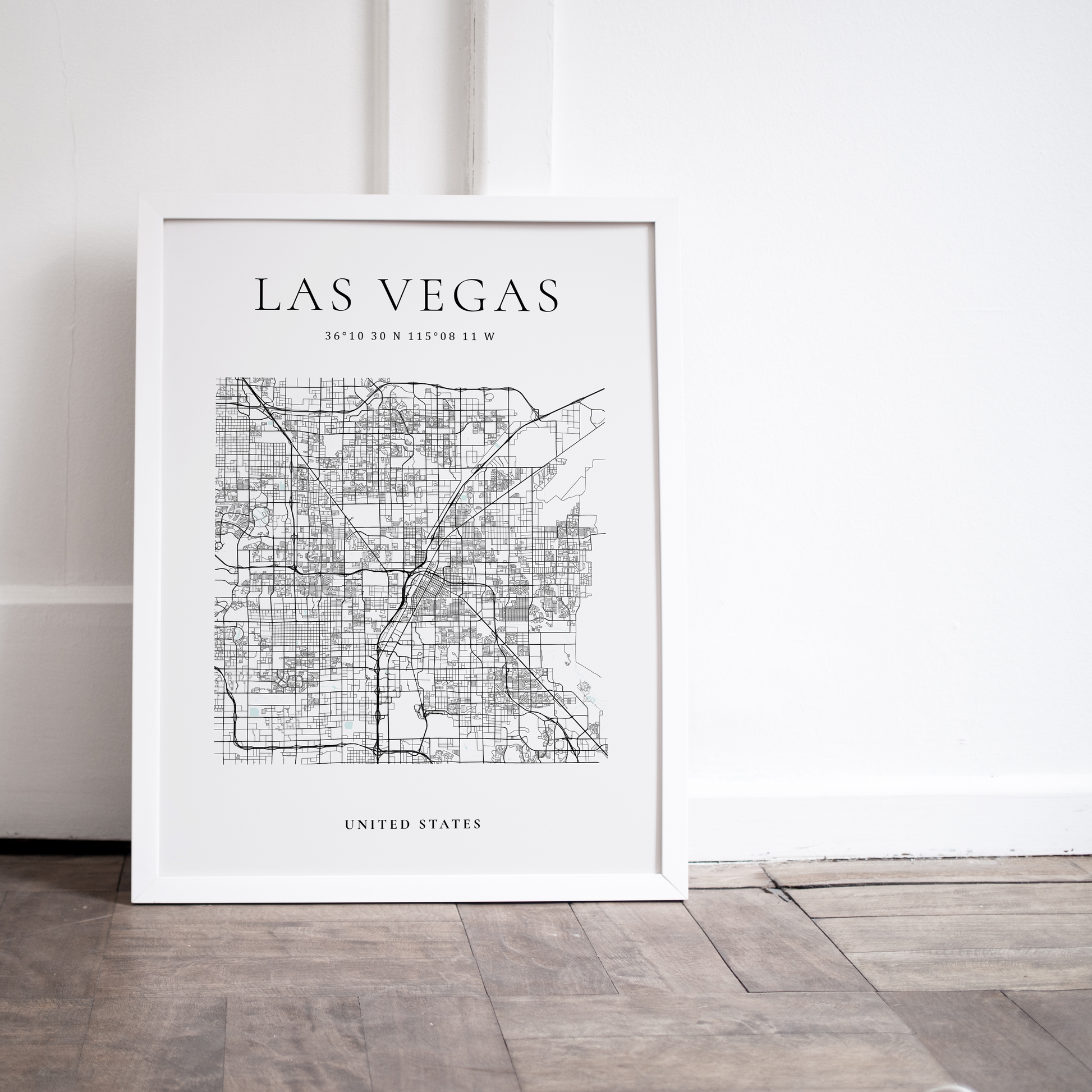 Map of Las Vegas for home or office decor in black white and blue by Atlas & Ink Artistic Cartography Co.