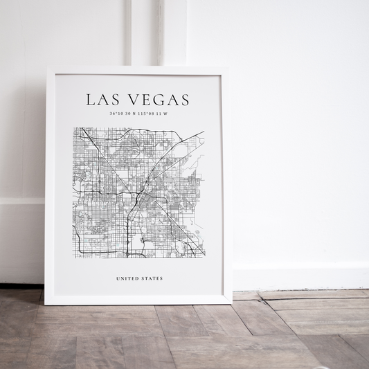 Map of Las Vegas for home or office decor in black white and blue by Atlas & Ink Artistic Cartography Co.